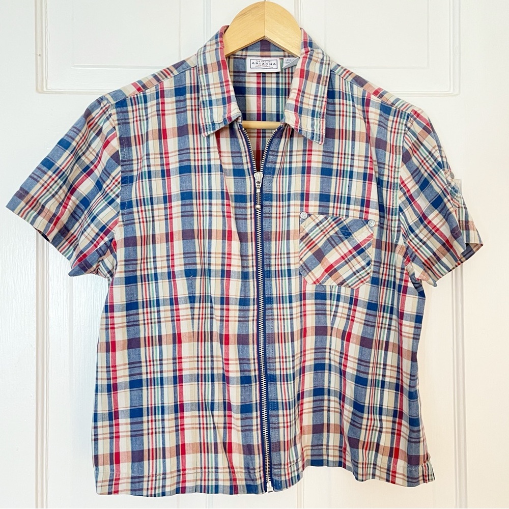 Vintage Arizona Jeans Womens Madras Plaid Short Sleeve Zipper Up Top Tagged L